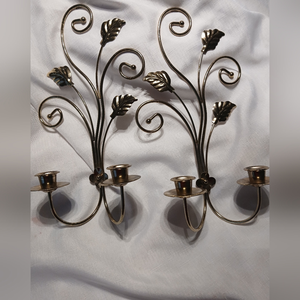 Home Interiors Vintage Leaf Flower Set Of 2 Scroll Wall Candle Sconces